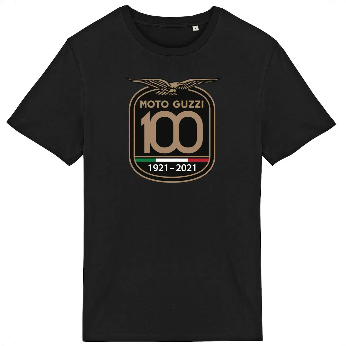 T-shirt noir Moto Guzzi 100 ans • Vêtement coton bio • Culture Moto