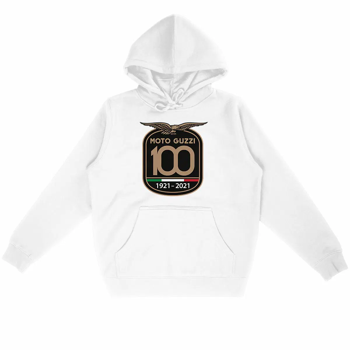 Sweat-shirt blanc à capuche Moto Guzzi 100 ans • Vêtement coton bio • Culture Moto
