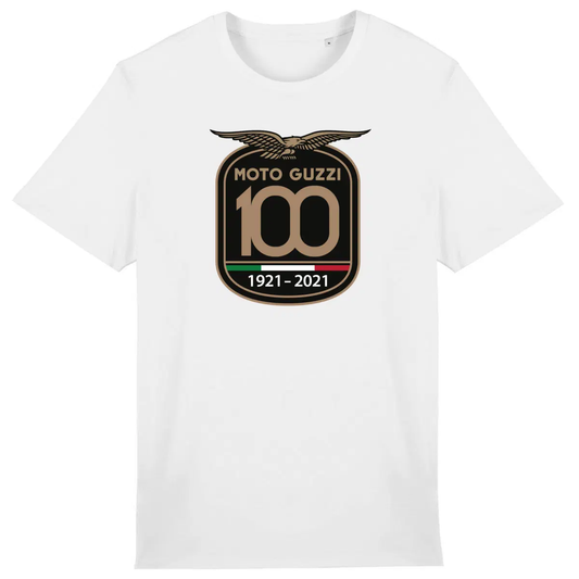 T-shirt blanc Moto Guzzi 100 ans • Vêtement coton bio • Culture Moto