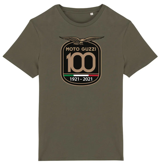 T-shirt kaki Moto Guzzi 100 ans • Vêtement coton bio • Culture Moto