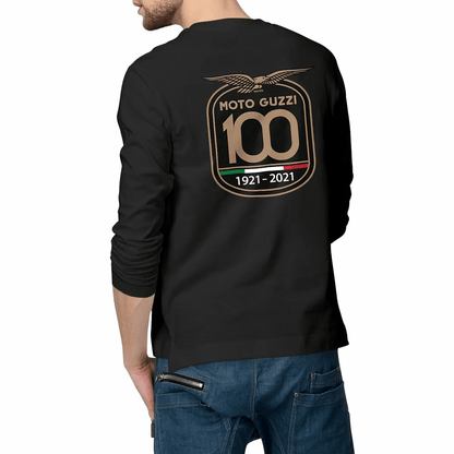 T-shirt noir manches longues Moto Guzzi 100 years face et dos • Vêtement coton bio • Culture Moto