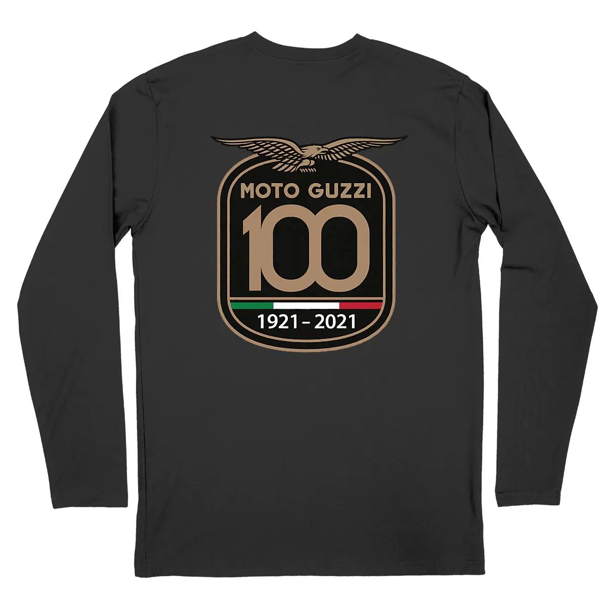 T-shirt noir manches longues Moto Guzzi 100 years face et dos • Vêtement coton bio • Culture Moto