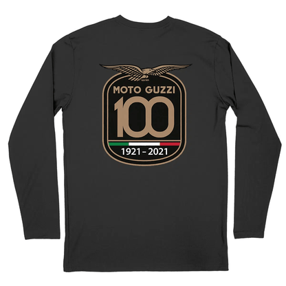 T-shirt noir manches longues Moto Guzzi 100 years face et dos • Vêtement coton bio • Culture Moto