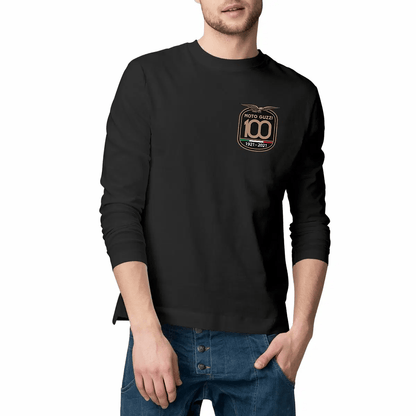 T-shirt noir manches longues Moto Guzzi 100 years face et dos • Vêtement coton bio • Culture Moto