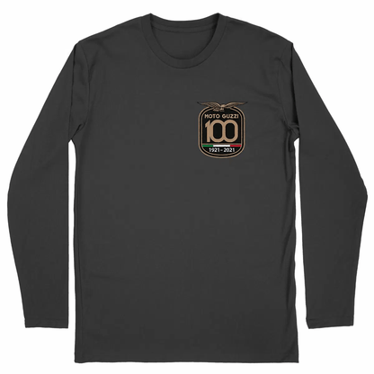 T-shirt noir manches longues Moto Guzzi 100 years face et dos • Vêtement coton bio • Culture Moto