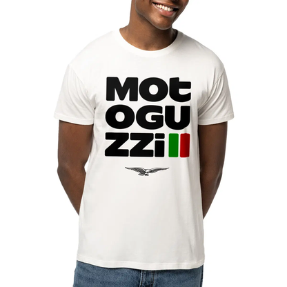 T-shirt blanc Moto Guzzi Typographique • Vêtement coton bio • Culture Moto
