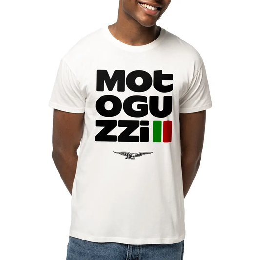 T-shirt blanc Moto Guzzi Typographique • Vêtement coton bio • Culture Moto