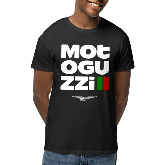 T-shirt noir Moto Guzzi Typographique • Vêtement coton bio • Culture Moto
