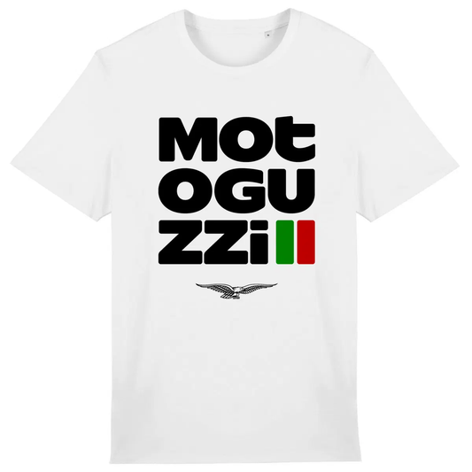 T-shirt blanc Moto Guzzi Typographique • Vêtement coton bio • Culture Moto