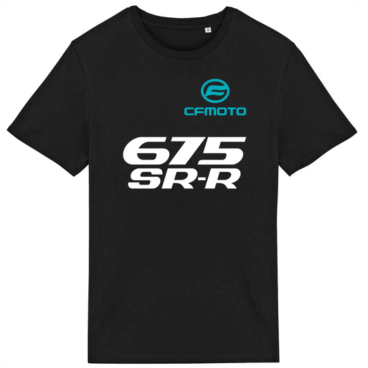 T-shirt unisexe CFMoto 675 SR-R face et dos • Vêtement coton bio • Culture Moto