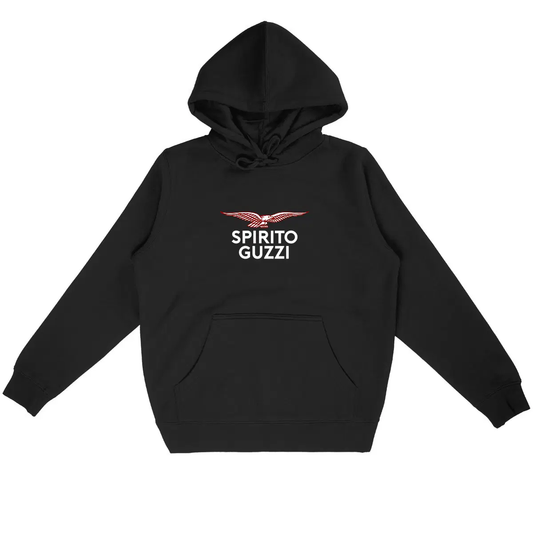 Sweat-shirt à capuche noir Moto Guzzi Spirito Guzzi face et dos • Vêtement coton bio • Culture Moto