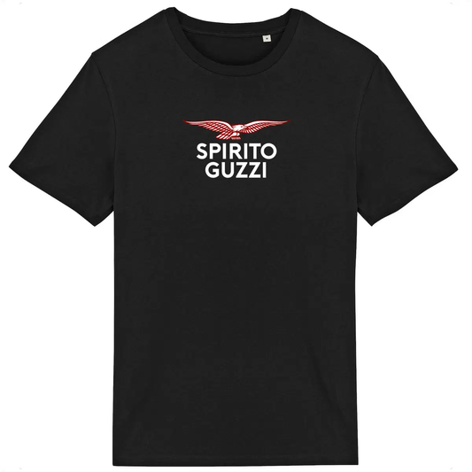 T-shirt noir Moto Guzzi Spirito Guzzi face et dos • Vêtement coton bio • Culture Moto