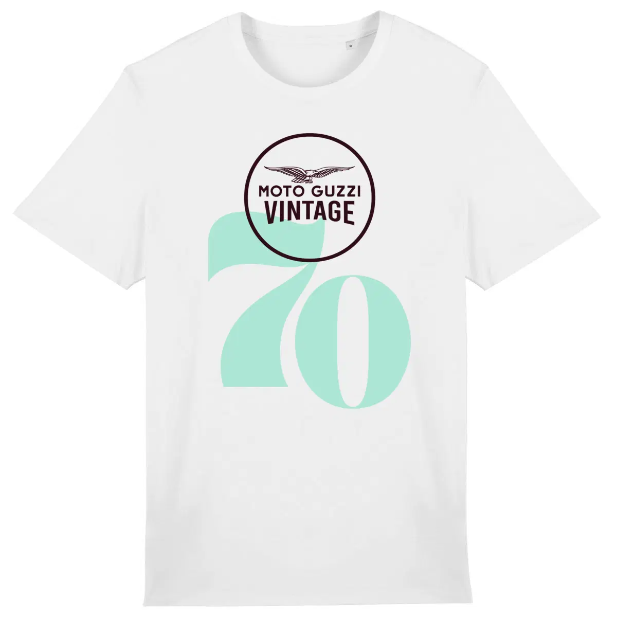 T-shirt blanc Moto Guzzi Vintage 70 bleu • Vêtement coton bio • Culture Moto