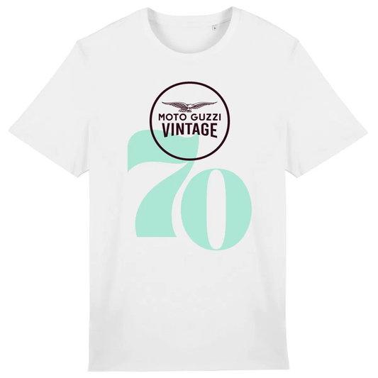 T-shirt blanc Moto Guzzi Vintage 70 bleu • Vêtement coton bio • Culture Moto