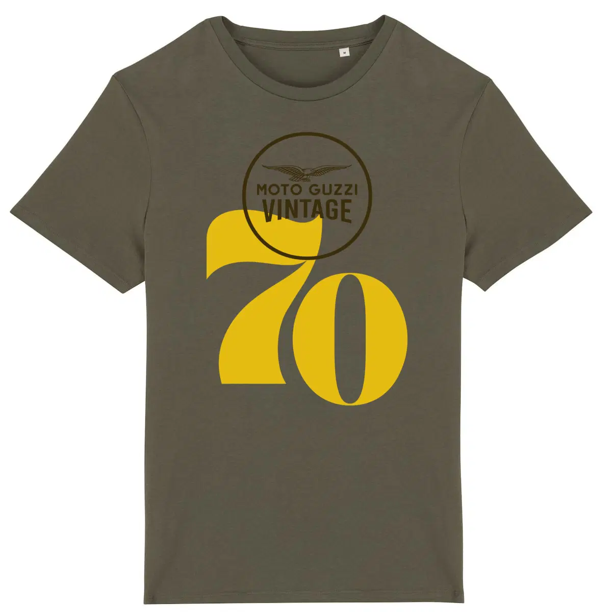 T-shirt kaki Moto Guzzi Vintage 70 jaune • Vêtement coton bio • Culture Moto