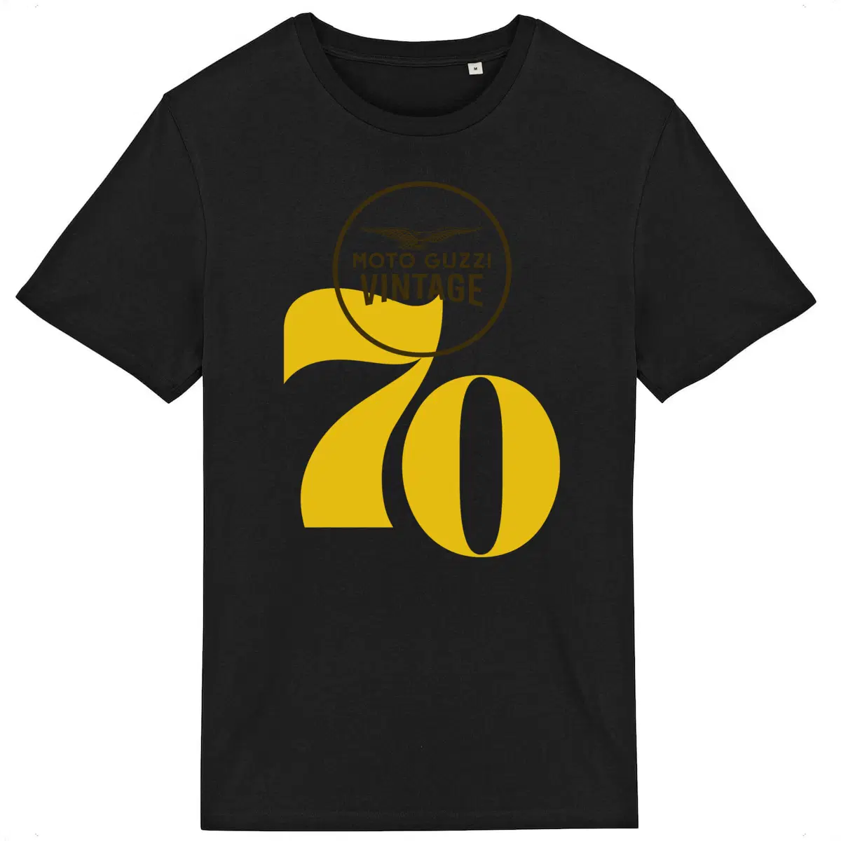T-shirt noir Moto Guzzi Vintage 70 jaune • Vêtement coton bio • Culture Moto