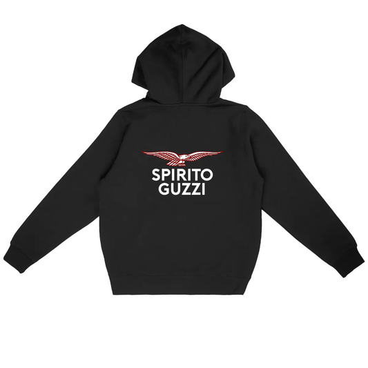 Sweat-shirt à capuche noir Moto Guzzi Spirito Guzzi face et dos • Vêtement coton bio • Culture Moto