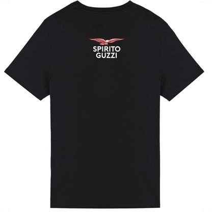 T-shirt noir Moto Guzzi Spirito Guzzi face et dos • Vêtement coton bio • Culture Moto