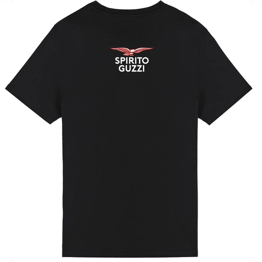T-shirt noir Moto Guzzi Spirito Guzzi face et dos • Vêtement coton bio • Culture Moto