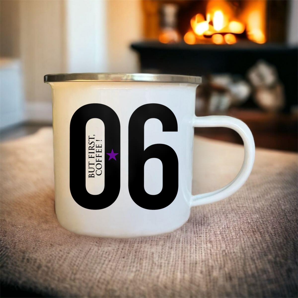 Mug émaillé 06 But first, coffee